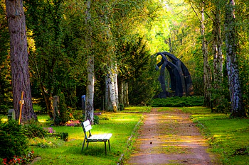 Peaceful Park Path with Sculpture
